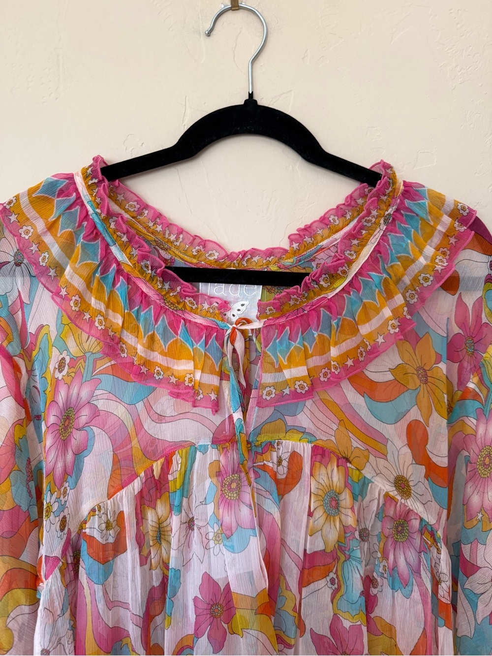 Silk Floral Boho Blouse Johnny Was Jade Gal Ruffle Tie Prismatic Dream XS - Picture 9 of 12